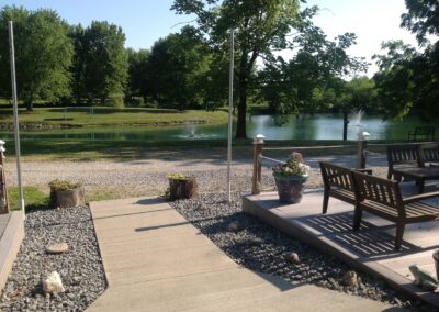 walkway to water with fountains