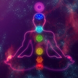 outline of body in meditation pose with chakras in middle of the body